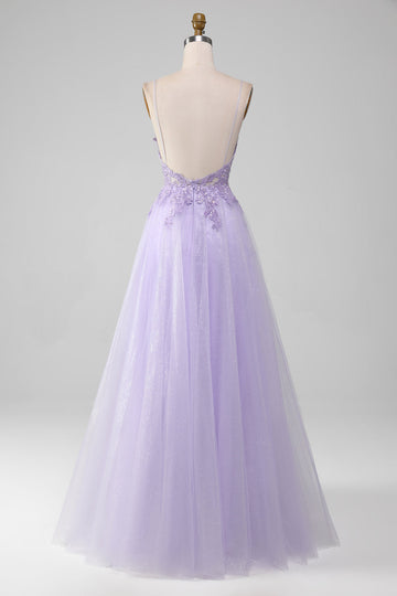 Sparkly viola chiaro A-Line Spaghetti Straps abito lungo da ballo con perline